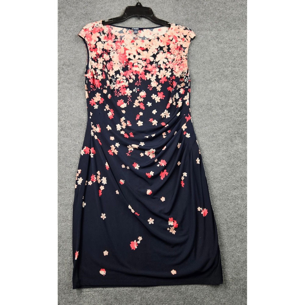 Chaps Womens Navy Blue Pink Floral Ruched Sleeveless Sheath Dress Size Large L